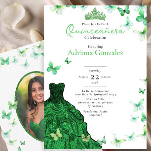 Invitation Papillons de robe verte émeraude Photo Quinceanera