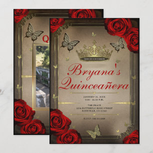 Invitation Papillons de Tiara d'Or Roses Rouges Quinceañera P