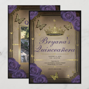 Invitation Papillons de Tiara d'Or Roses Violettes Quinceañer