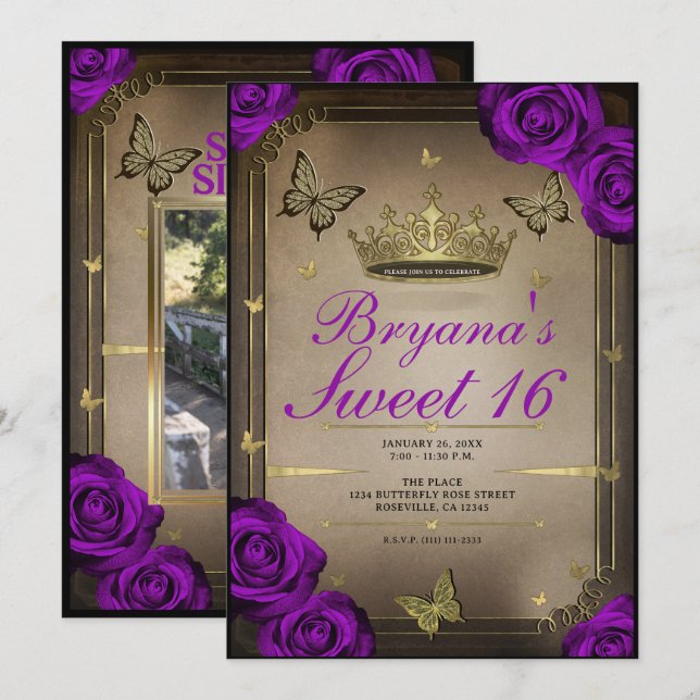 Invitation Papillons de Tiara Roses Violettes Brillantes 16 A (Devant / Derrière)