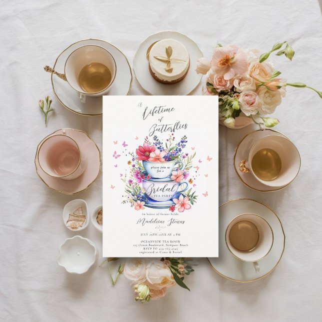 Invitation Papillons de vie Fête des mariées de thé Wild Gard (bridal garden tea party invitation lifetime of butterflies wildflowers tea set elegant boho romantic)