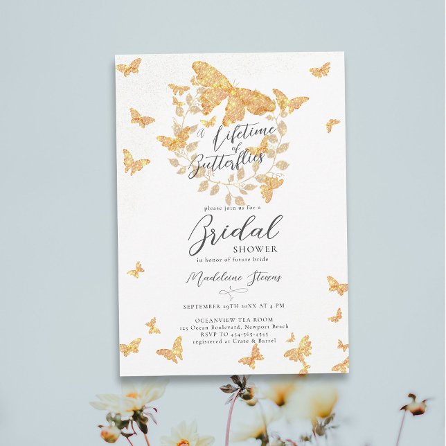 Invitation Papillons de vie Fête des mariées romantique or (a lifetime of butterflies bright gold glitter eucalyptus botanical bridal shower invitation garden)