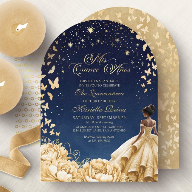 Invitation Papillons d'étoiles d'or jaune Quinceanera Floral (Créateur téléchargé)