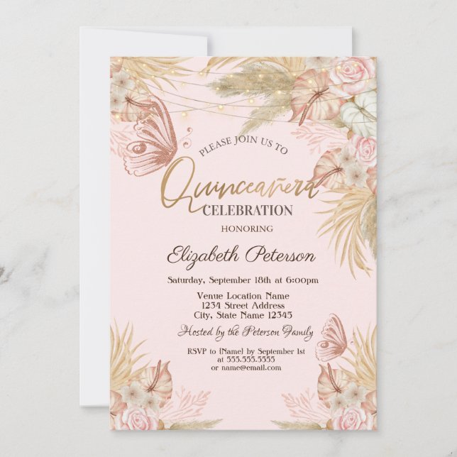 Invitation Papillons d'herbe de Pampas Quinceañera  (Devant)