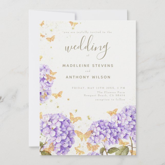 Invitation Papillons d'or Hydrangea Mariage rustique violet (Devant)