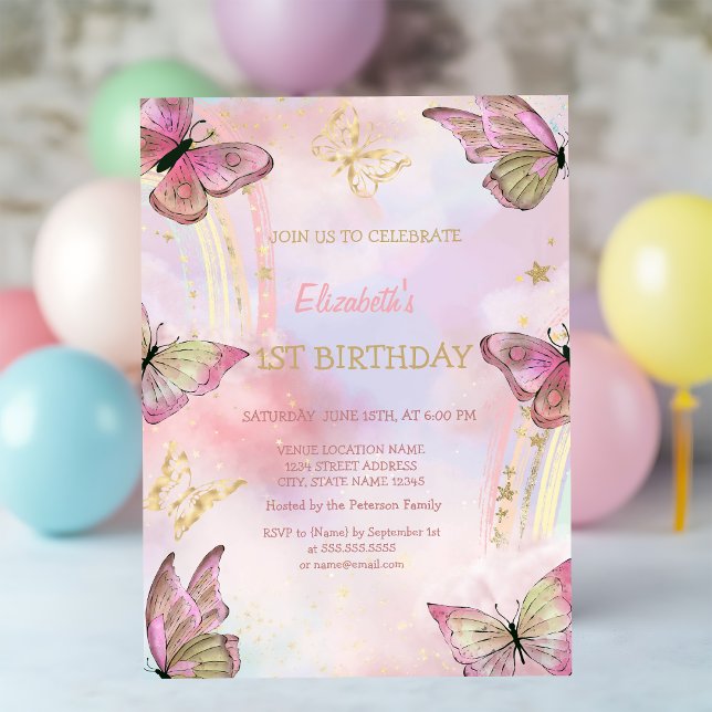 Invitation Papillons dorés aquarelle Anniversaire arc-en-ciel (Créateur téléchargé)