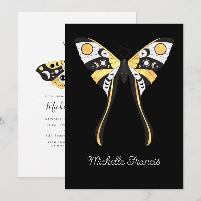 Invitation Papillons dorés célestes mystiques (Devant / Derrière)