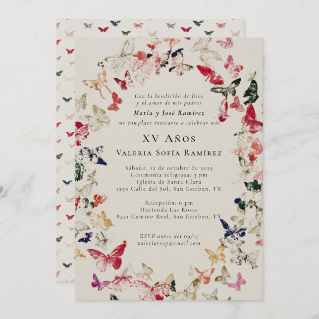 Invitation Papillons Elégant Quinceañera 15e anniversaire (Devant / Derrière)