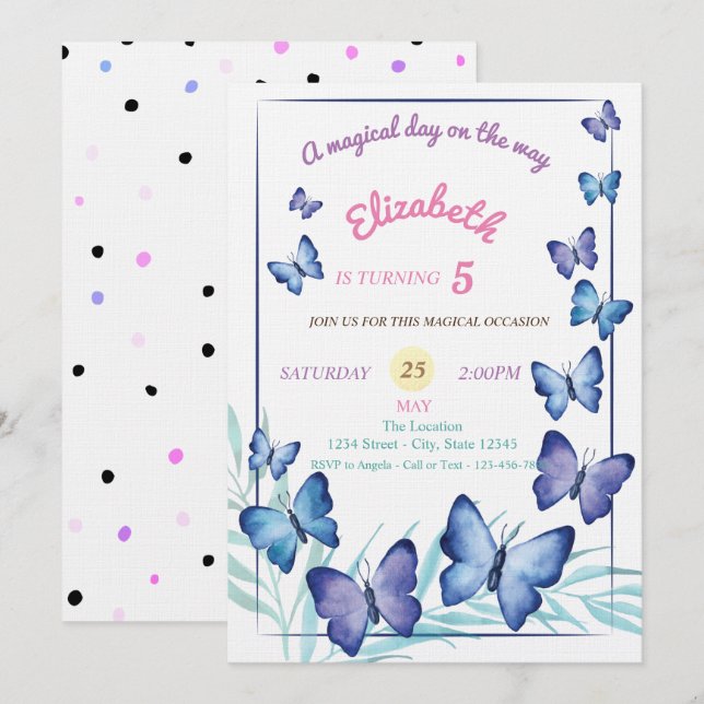 Invitation Papillons élégants Anniversaire à pois (Devant / Derrière)
