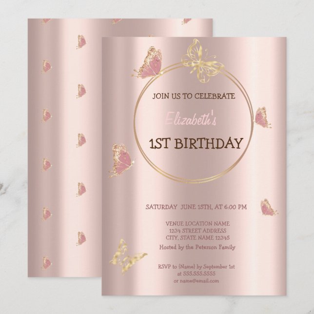 Invitation Papillons Élégants Anniversaire Or Rose  (Devant / Derrière)
