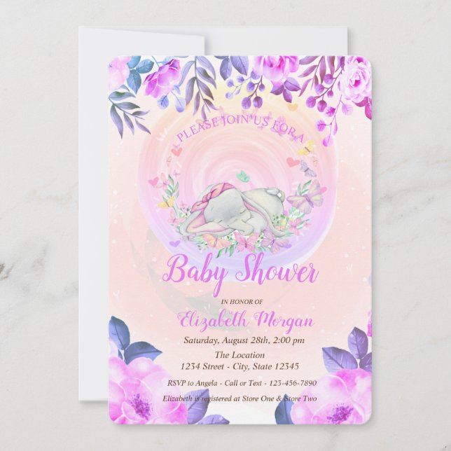 Invitation Papillons élégants de bébé éléphant floral (Devant)