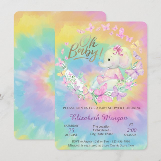 Invitation Papillons élégants éléphant Tie Dye Baby Shower   (Devant / Derrière)