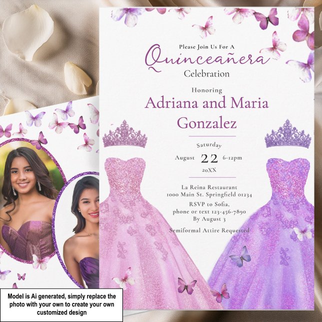 Invitation Papillons Élégants Robe Twin Quinceanera (Créateur téléchargé)