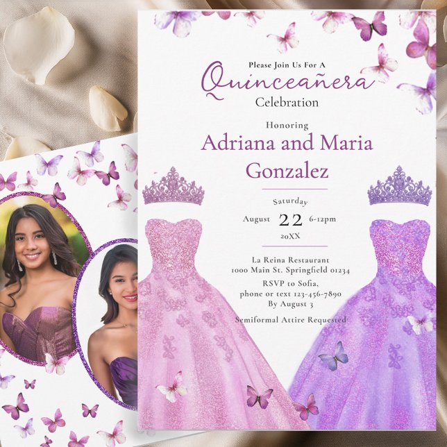 Invitation Papillons Élégants Robe Twin Quinceanera (Créateur téléchargé)