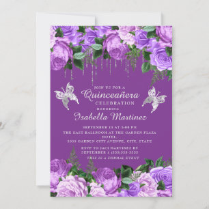 Invitation Papillons en argent gris mauve Quinceañera