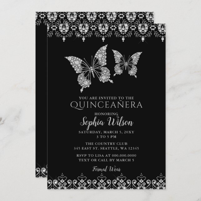 Invitation Papillons en dentelle de diamant noir Quinceañera (Devant / Derrière)