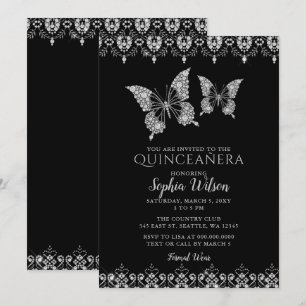 Invitation Papillons en dentelle de diamant noir Quinceañera