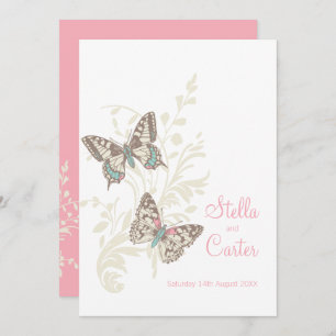 Invitation Papillons encre art rose crème blanche mariage