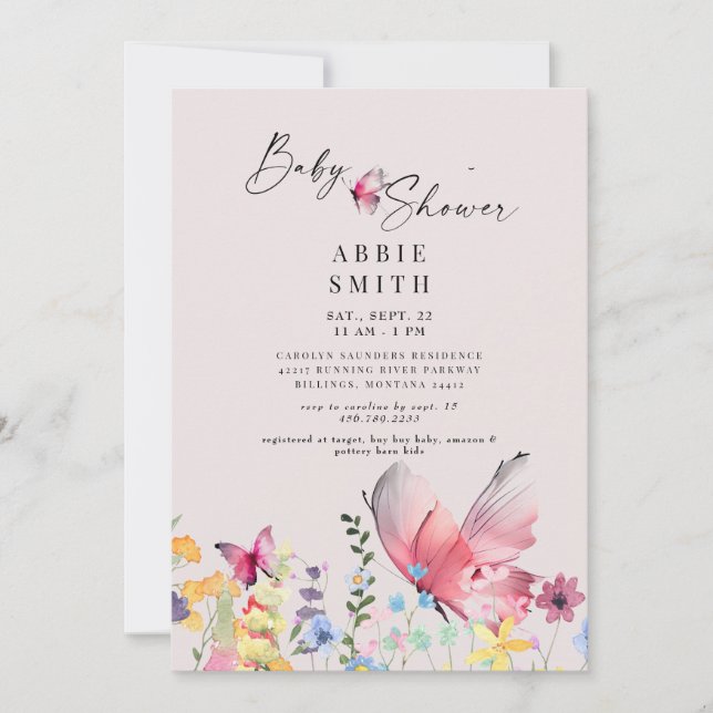 Invitation Papillons et Baby shower Fleur sauvage délicieux (Devant)