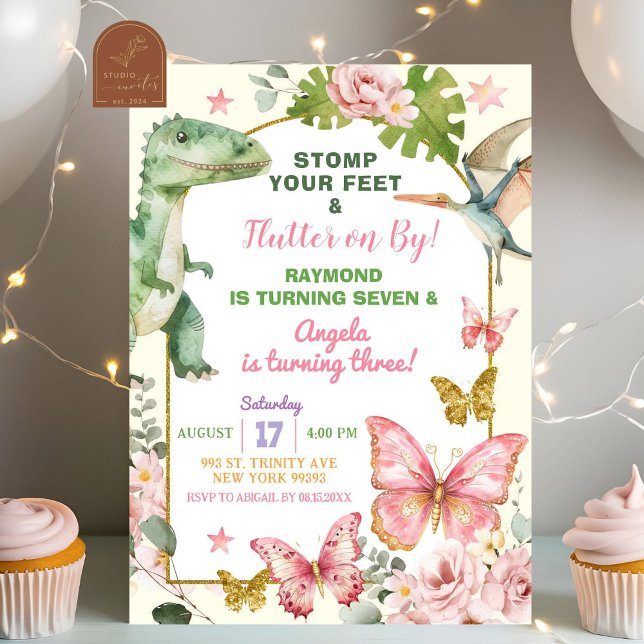 Invitation Papillons et Dinosaures Anniversaire frère (Créateur téléchargé)