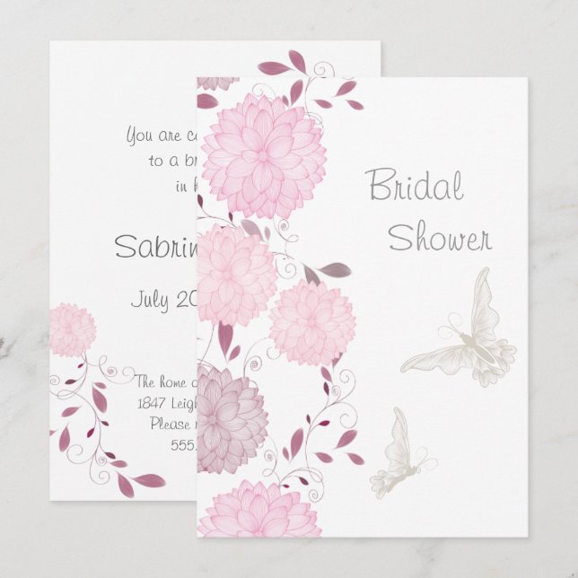 Invitation Papillons et Fête des mariées de chrysanthems rose (Devant / Derrière)