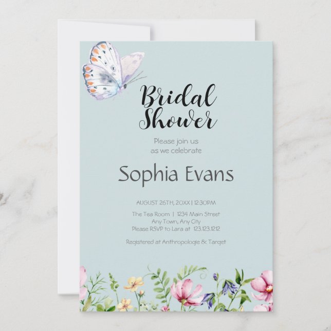 Invitation Papillons et Fleurs Sauvages Shower de Mariée Vert (Devant)