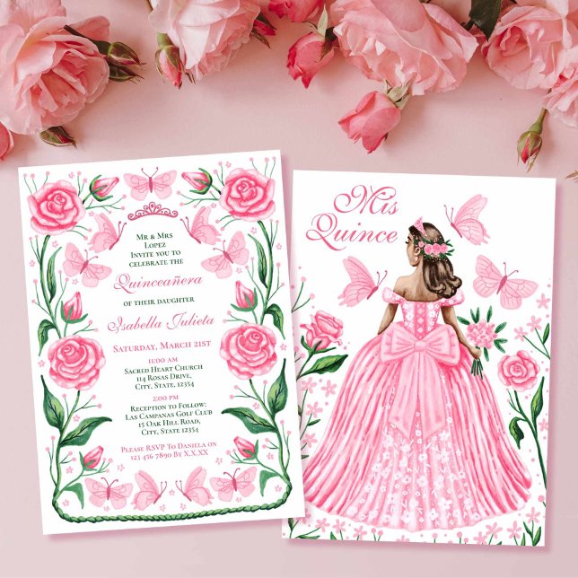 Invitation Papillons et princesse Rose rose Quinceanera (Butterflies and Roses Pink Princess Quinceanera Invitation)