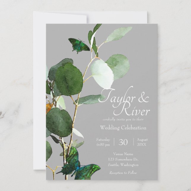 Invitation Papillons & Eucalyptus | Mariage Gris (Devant)