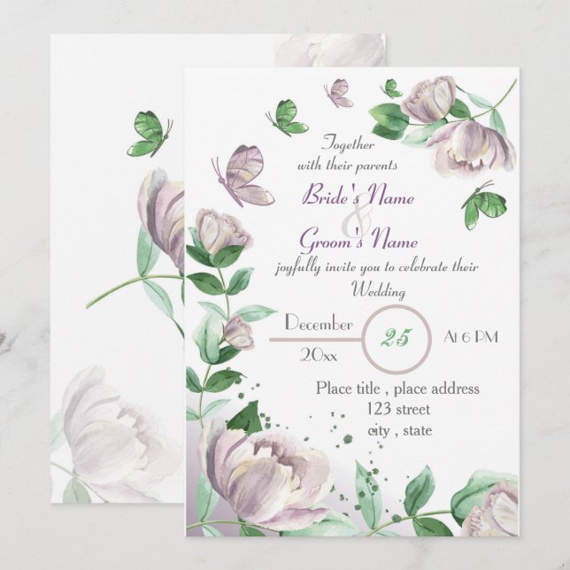 Invitation papillons feuille vert fleurs violettes mariage (Devant / Derrière)