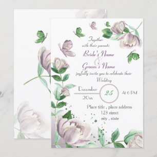 Invitation papillons feuille vert fleurs violettes mariage