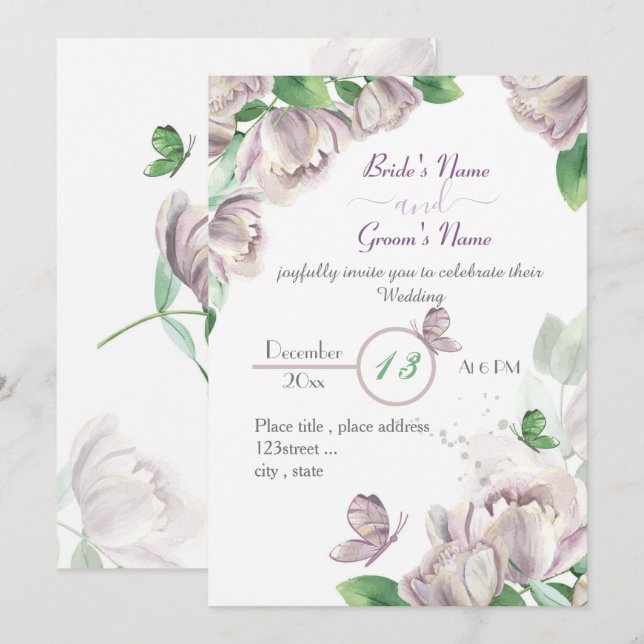 Invitation papillons feuille vert fleurs violettes mariage da (Devant / Derrière)