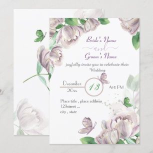 Invitation papillons feuille vert fleurs violettes mariage da