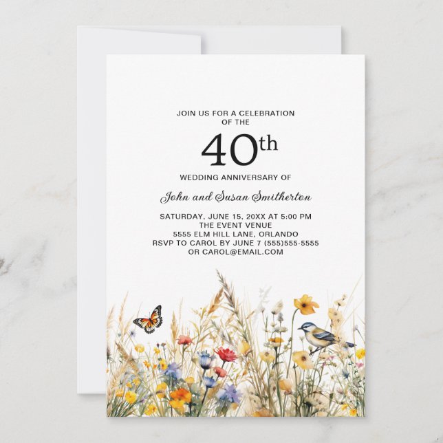 Invitation Papillons fleur sauvage 40e anniversaire (Devant)