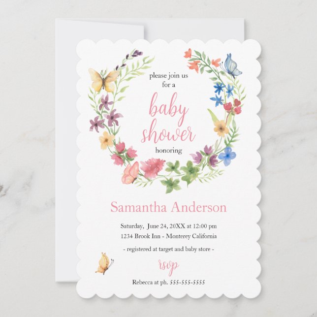 Invitation Papillons fleur sauvage Baby shower aquarelle (Devant)
