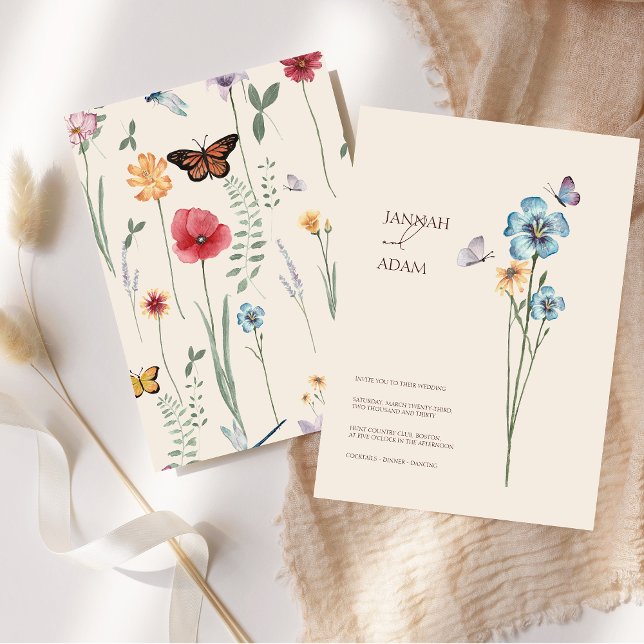 Invitation Papillons Fleur sauvage bleu simple Mariage floral (Simple Blue Wildflower Butterflies Floral Wedding Invitation)
