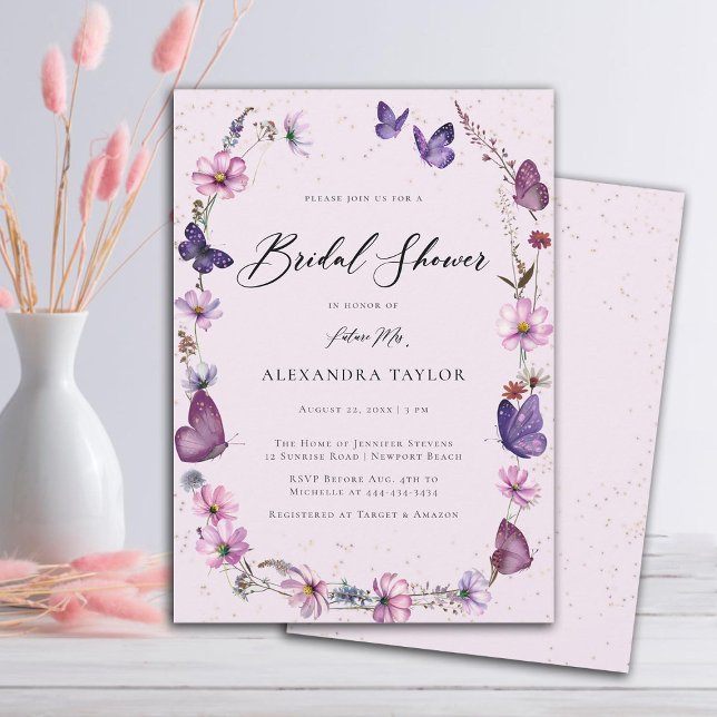 Invitation Papillons fleur sauvage Boho Frame Fête des mariée (boho wildflowers frame butterflies garden pink purple bridal shower invitation elegant rustic)