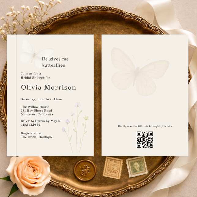 Invitation Papillons Fleur Sauvage Code QR Baby Shower Mariag (Créateur téléchargé)