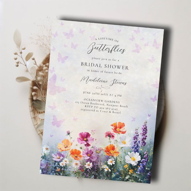 Invitation Papillons Fleur sauvage Lilac Garden Fête des mari (lifetime butterflies bridal shower invitation brunch tea pink purple mauve lilac wildflowers garden )