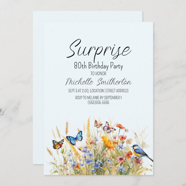 Invitation Papillons fleur sauvage Oiseaux Surprise 80e (Devant / Derrière)
