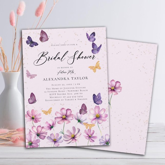 Invitation Papillons fleur sauvage Pink Garden Fête des marié (wildflowers butterflies pink purple garden bridal shower invitation elegant boho modern rustic gold)