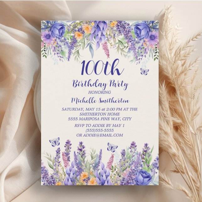 Invitation Papillons Fleuris de Lavande Violette 100e Anniver (Lavender watercolor floral women's 100th birthday party invitation)
