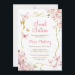 Invitation Papillons Fleurs Avec Parties scintillant Or Douce<br><div class="desc">Papillons Rose Fleurs d'or avec Parties scintillant d'or Blush Rose Sweet 16 Invitation Fleurs Roses modernes Blush Rose Sweet 16</div>