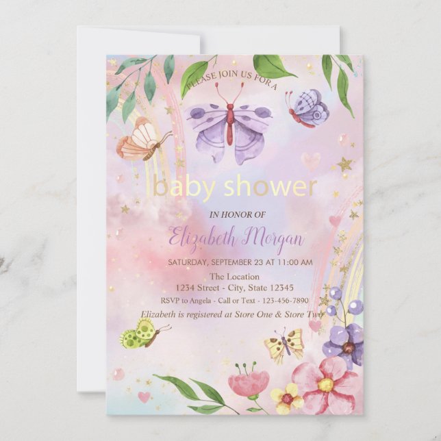 Invitation Papillons Fleurs Baby shower arc-en-ciel (Devant)