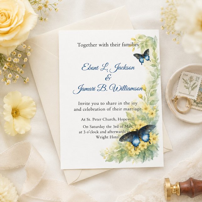 Invitation Papillons & Fleurs Dorées Mariage Aquarelle  (Créateur téléchargé)