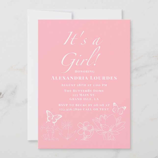 Invitation Papillons & Fleurs Rose Blanc Baby Shower Fille  (Devant)