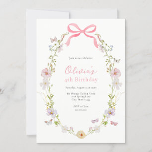 Invitation Papillons Fleurs sauvages roses Fille Anniversaire