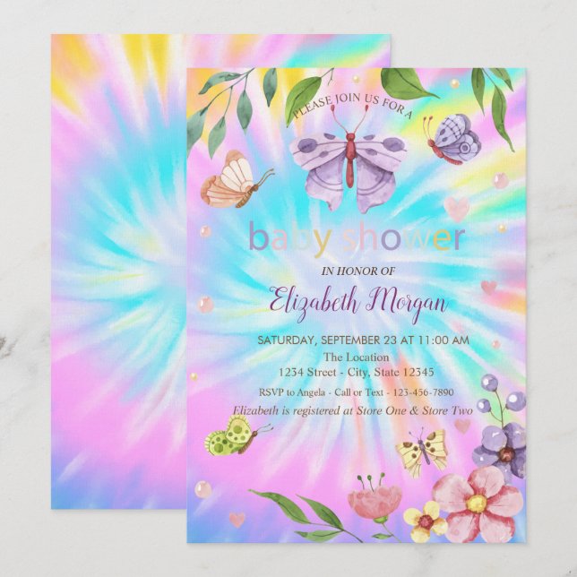 Invitation Papillons Fleurs Tie Dye Baby shower (Devant / Derrière)