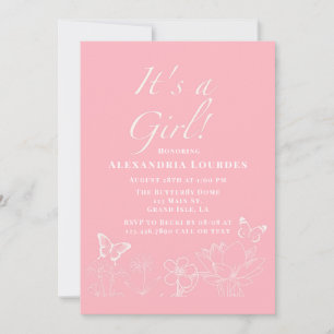 Invitation Papillons & Floral rose blanc Baby shower fille