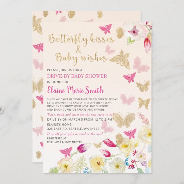 Invitation Papillons Floral Rose Or Conduit Par Baby shower (Devant / Derrière)