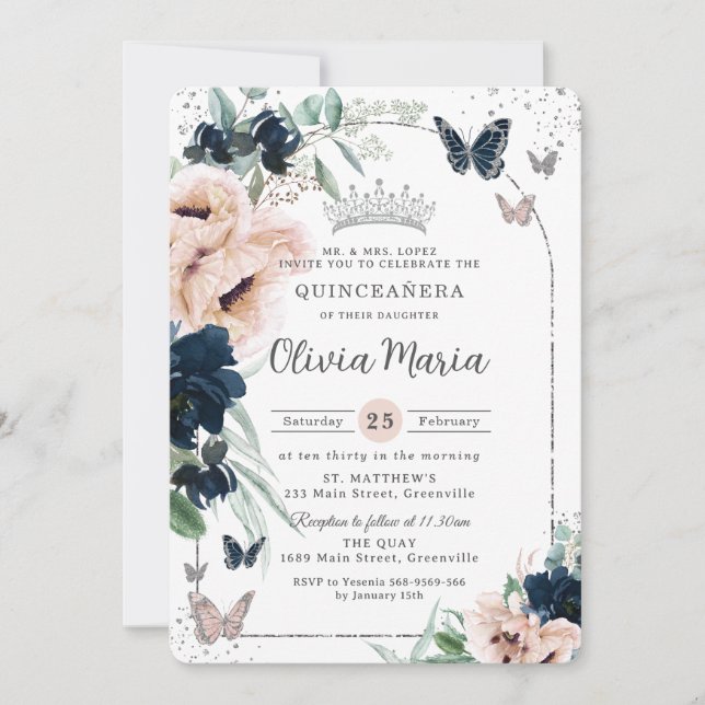 Invitation Papillons florale Blush Quinceañera (Devant)